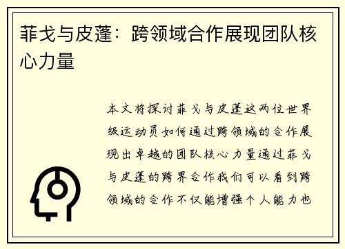 菲戈与皮蓬：跨领域合作展现团队核心力量
