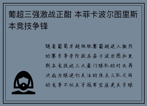 葡超三强激战正酣 本菲卡波尔图里斯本竞技争锋